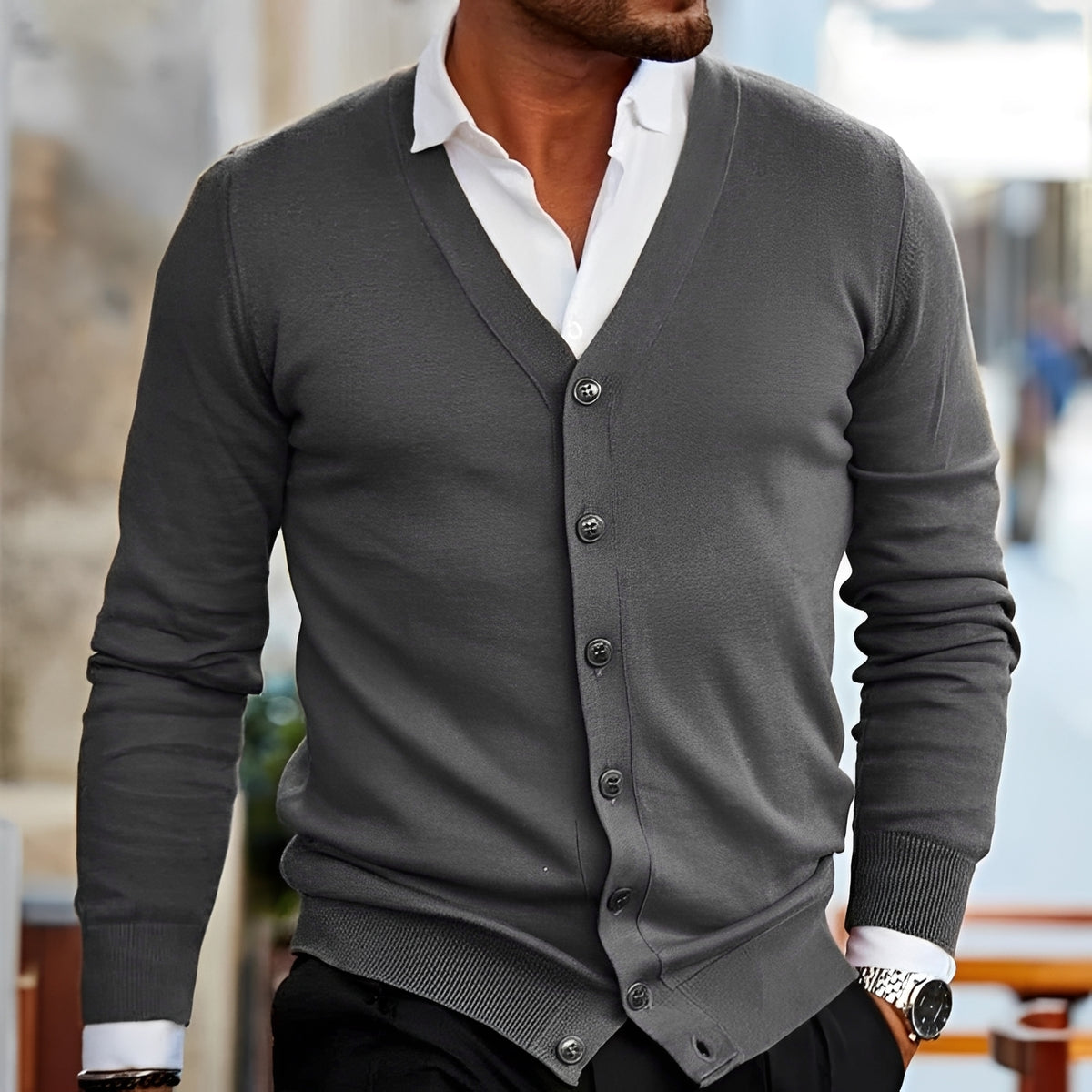 Herren Cardigan V-Ausschnitt Knopfleiste Langarm Freizeitpassform