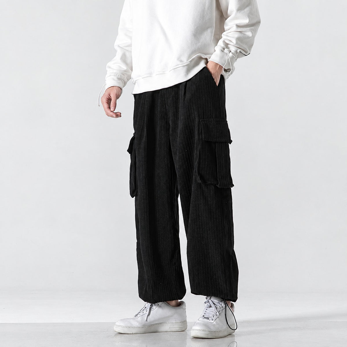 Herren Cargohose mit Lockerem Schnitt Elastischer Bund Seitentaschen