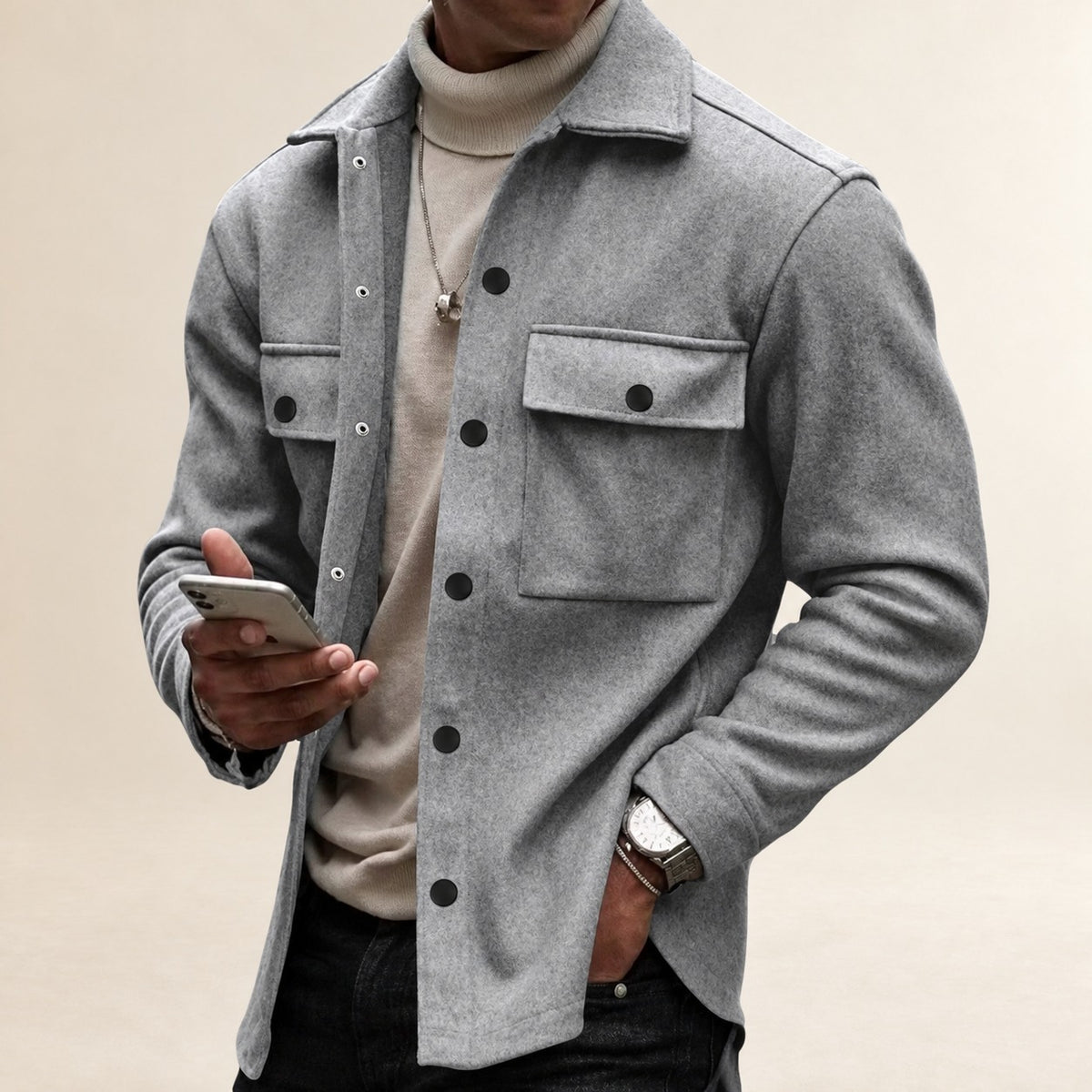 Herren Hemdjacke mit Knopfleiste und Brusttaschen - Lässiger Schnitt langarm