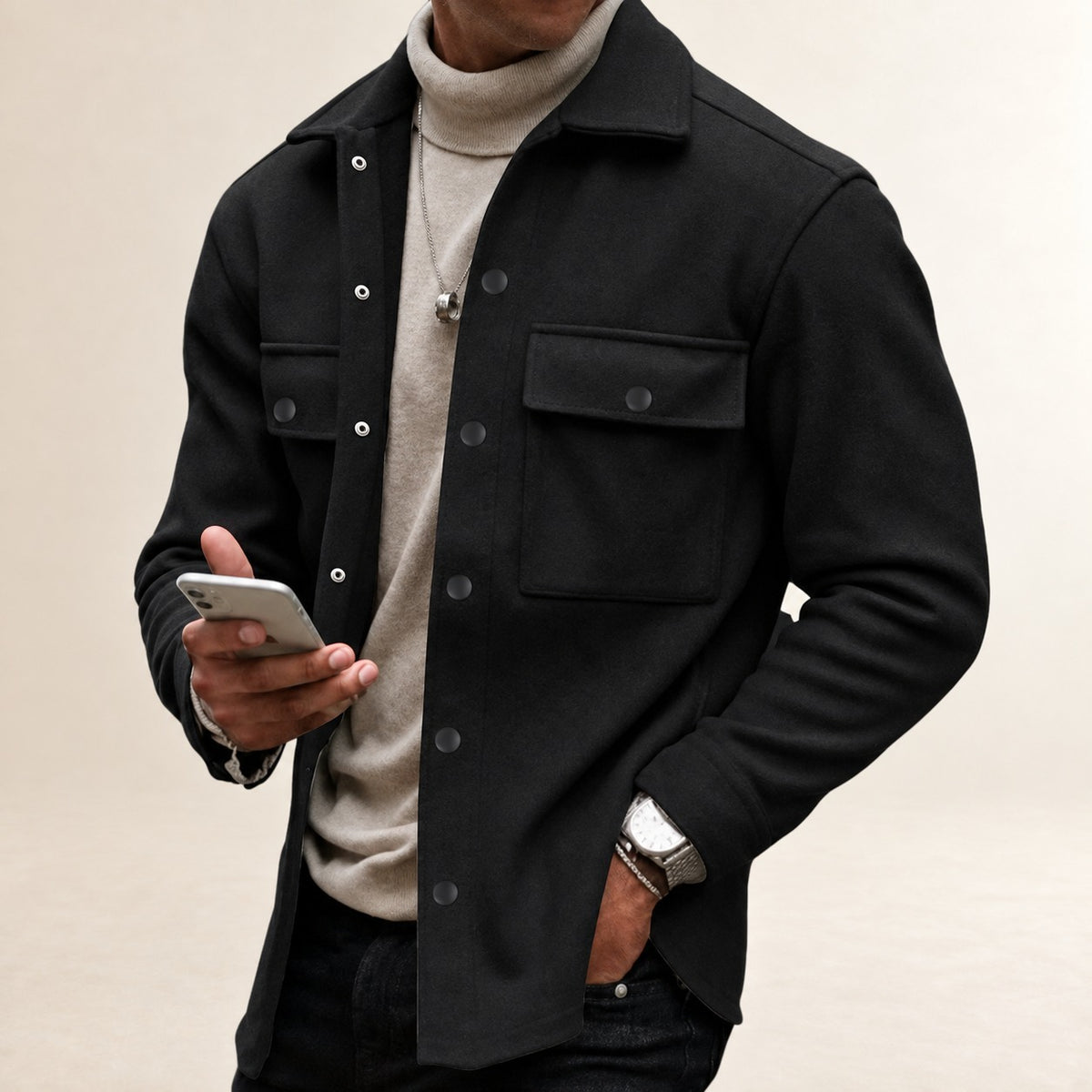 Herren Hemdjacke mit Knopfleiste und Brusttaschen - Lässiger Schnitt langarm