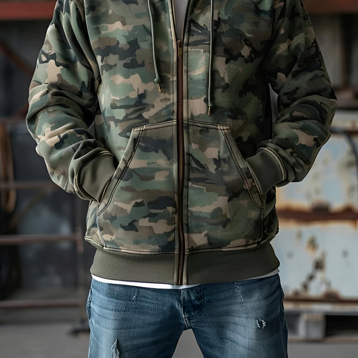 Herren Kapuzenjacke mit Camouflage-Muster Voll-Reißverschluss langarm