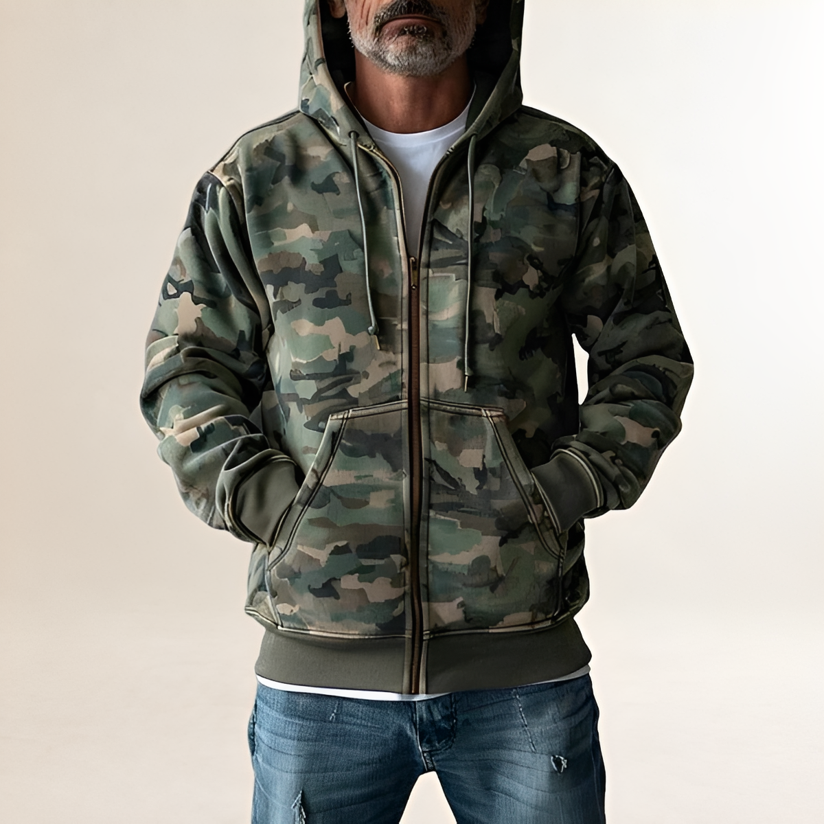 Herren Kapuzenjacke mit Camouflage-Muster Voll-Reißverschluss langarm