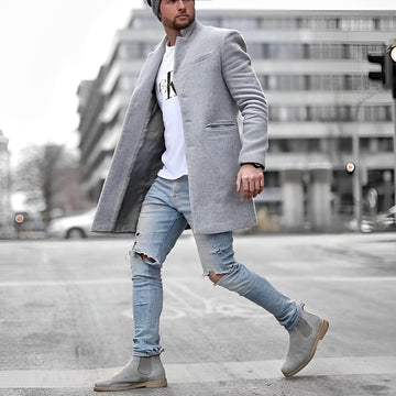 Herren Mid-Length Overcoat Slim-Fit Stehkragen Taschen