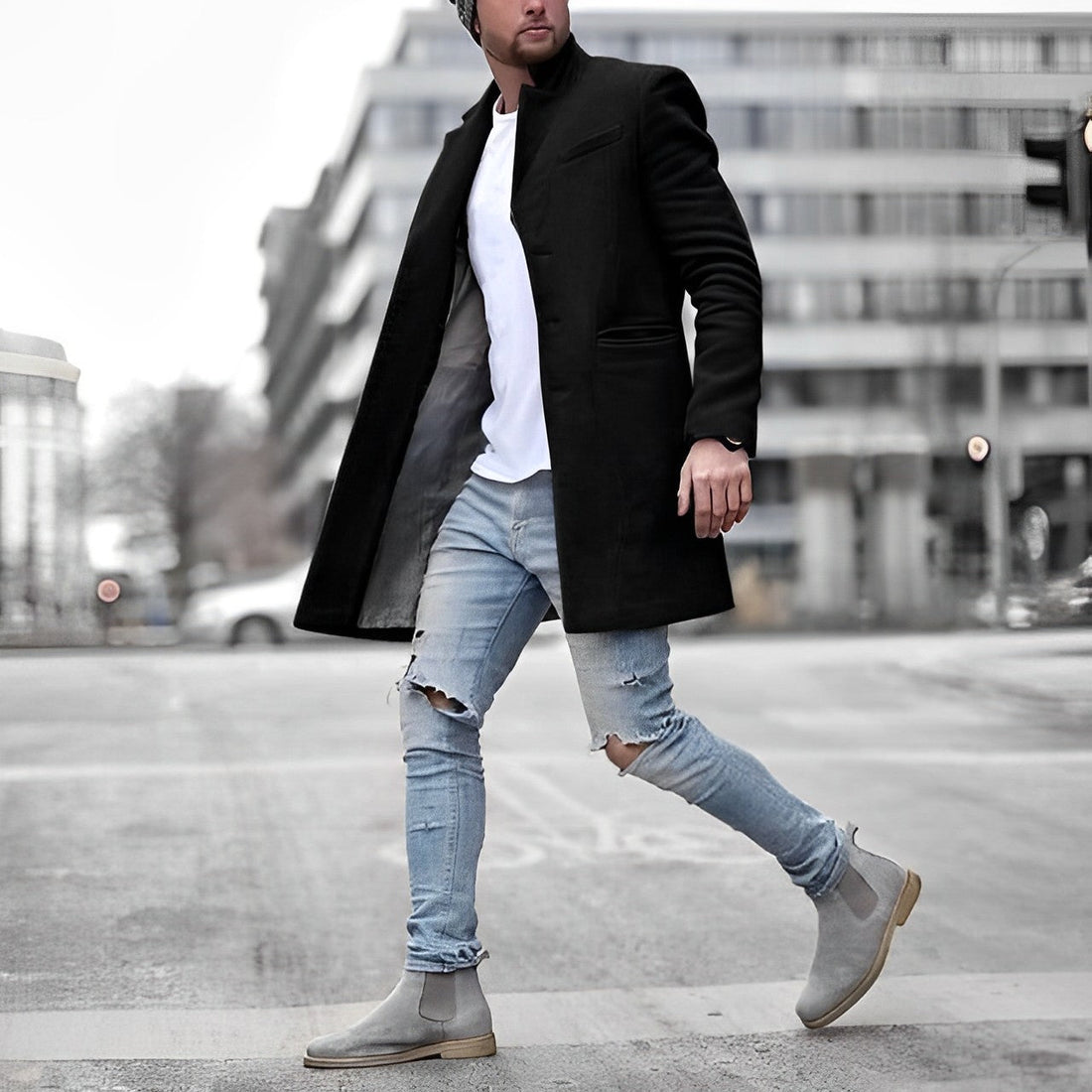 Herren Mid-Length Overcoat Slim-Fit Stehkragen Taschen
