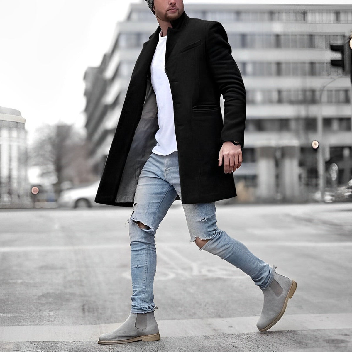 Herren Mid-Length Overcoat Slim-Fit Stehkragen Taschen