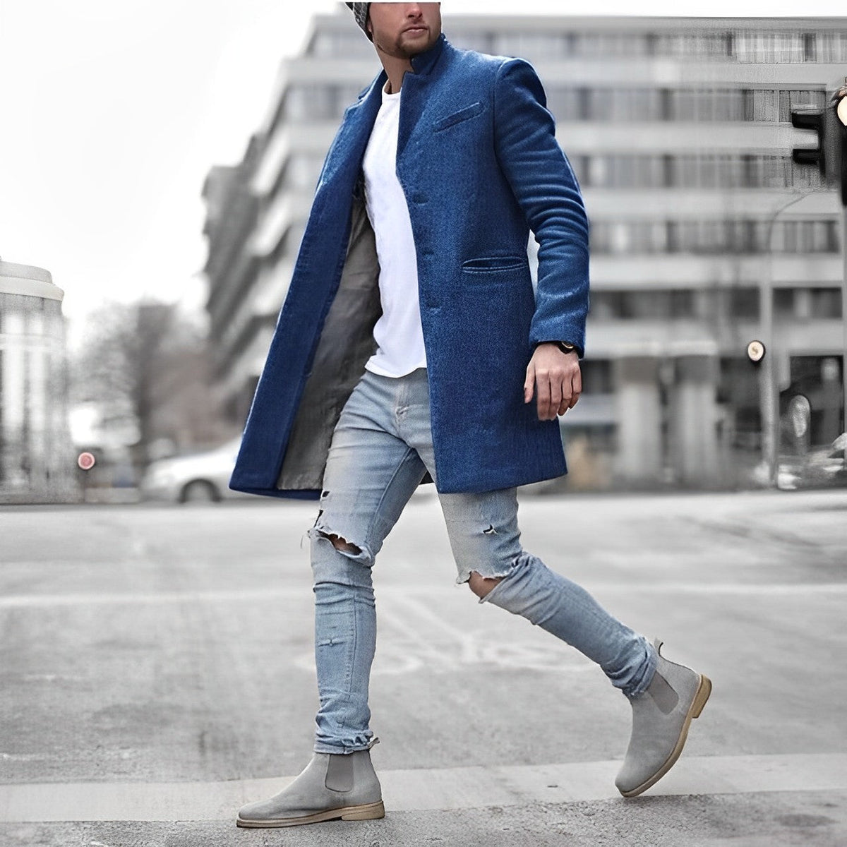 Herren Mid-Length Overcoat Slim-Fit Stehkragen Taschen