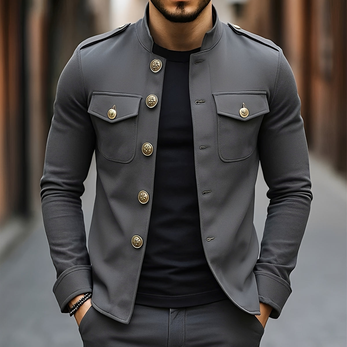Herren Militärstil Button Jacke - Stehkragen, Langarm