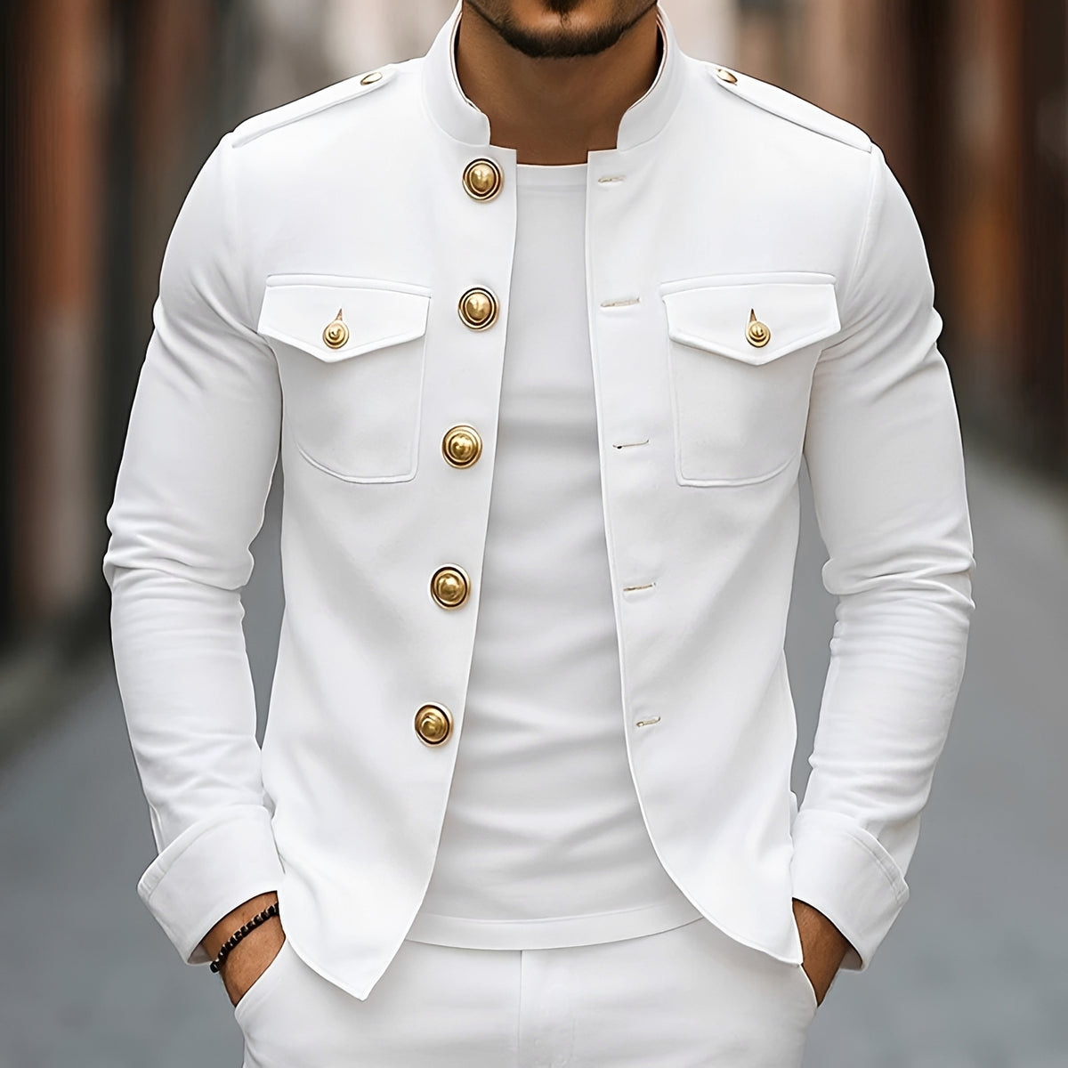 Herren Militärstil Button Jacke - Stehkragen, Langarm