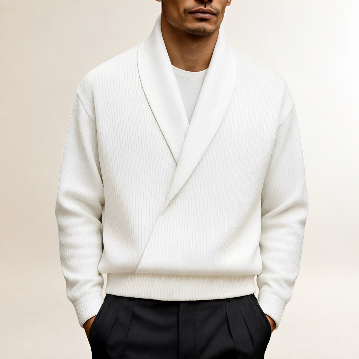Herren Pullover mit Schalkragen, Wickeldesign und langärmlig