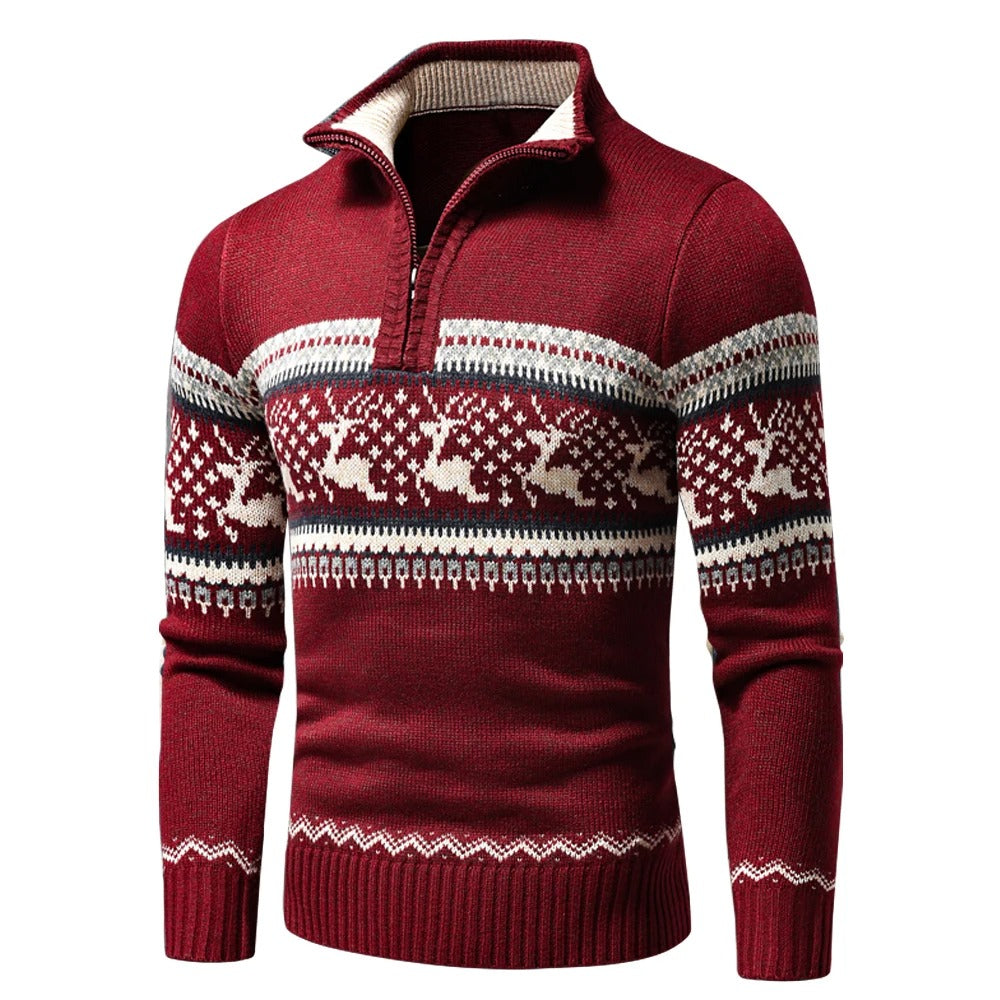 Herren Pullover mit Stehkragen und Reißverschluss - Norwegermuster, regulärer Schnitt