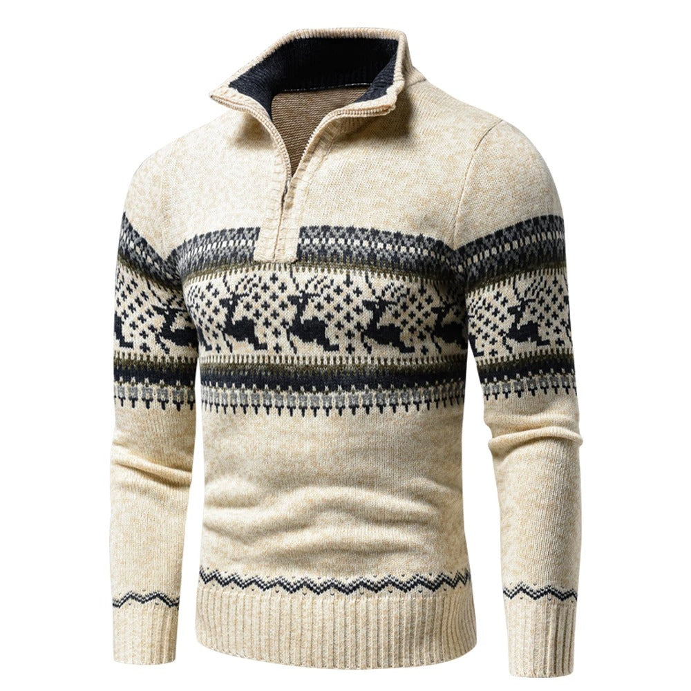 Herren Pullover mit Stehkragen und Reißverschluss - Norwegermuster, regulärer Schnitt