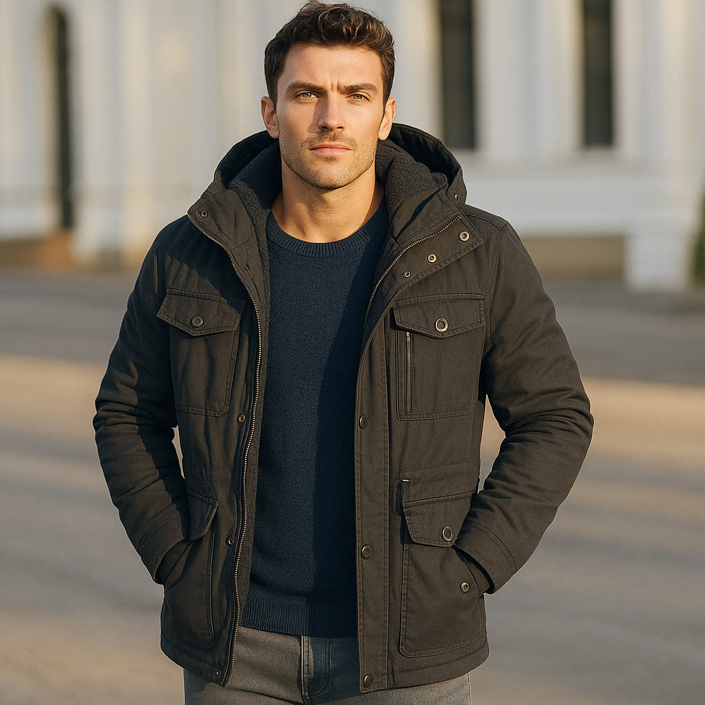 Herren Winterjacke mit Kapuze, gesteppte Optik, mehrere Taschen, regulärer Schnitt
