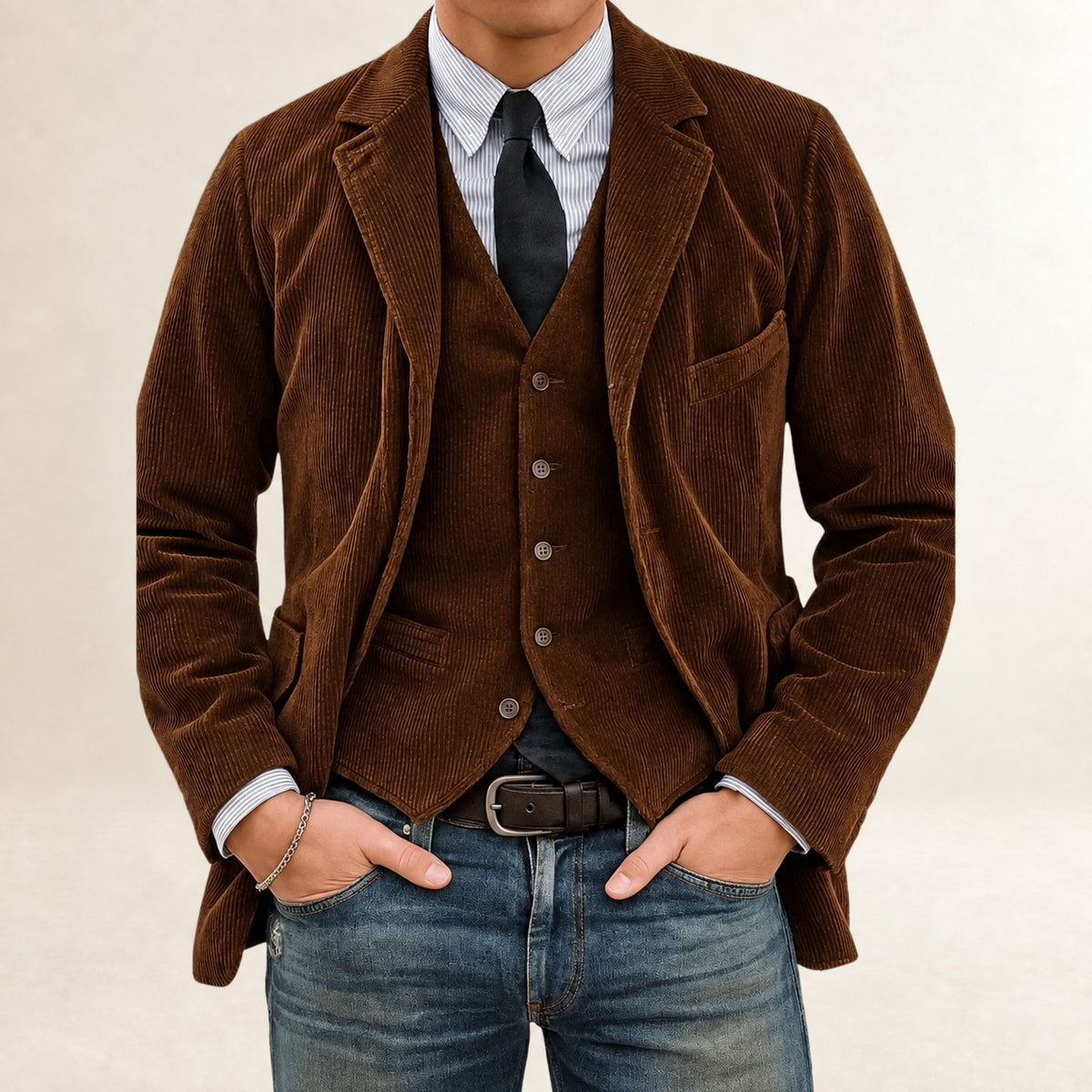 Herrensakko-Set - Blazer und Weste mit Knopfverschluss und schmalem Schnitt