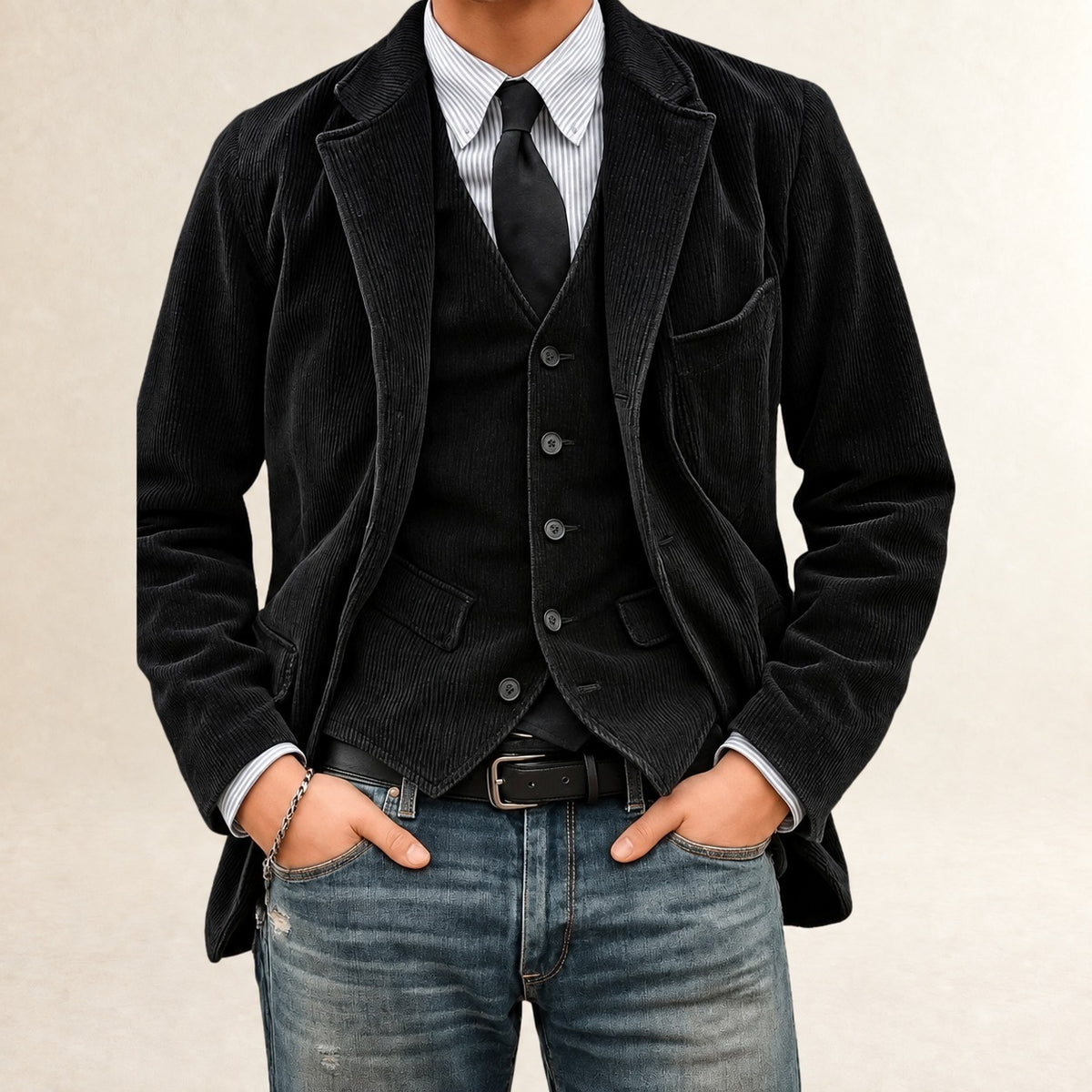 Herrensakko-Set - Blazer und Weste mit Knopfverschluss und schmalem Schnitt