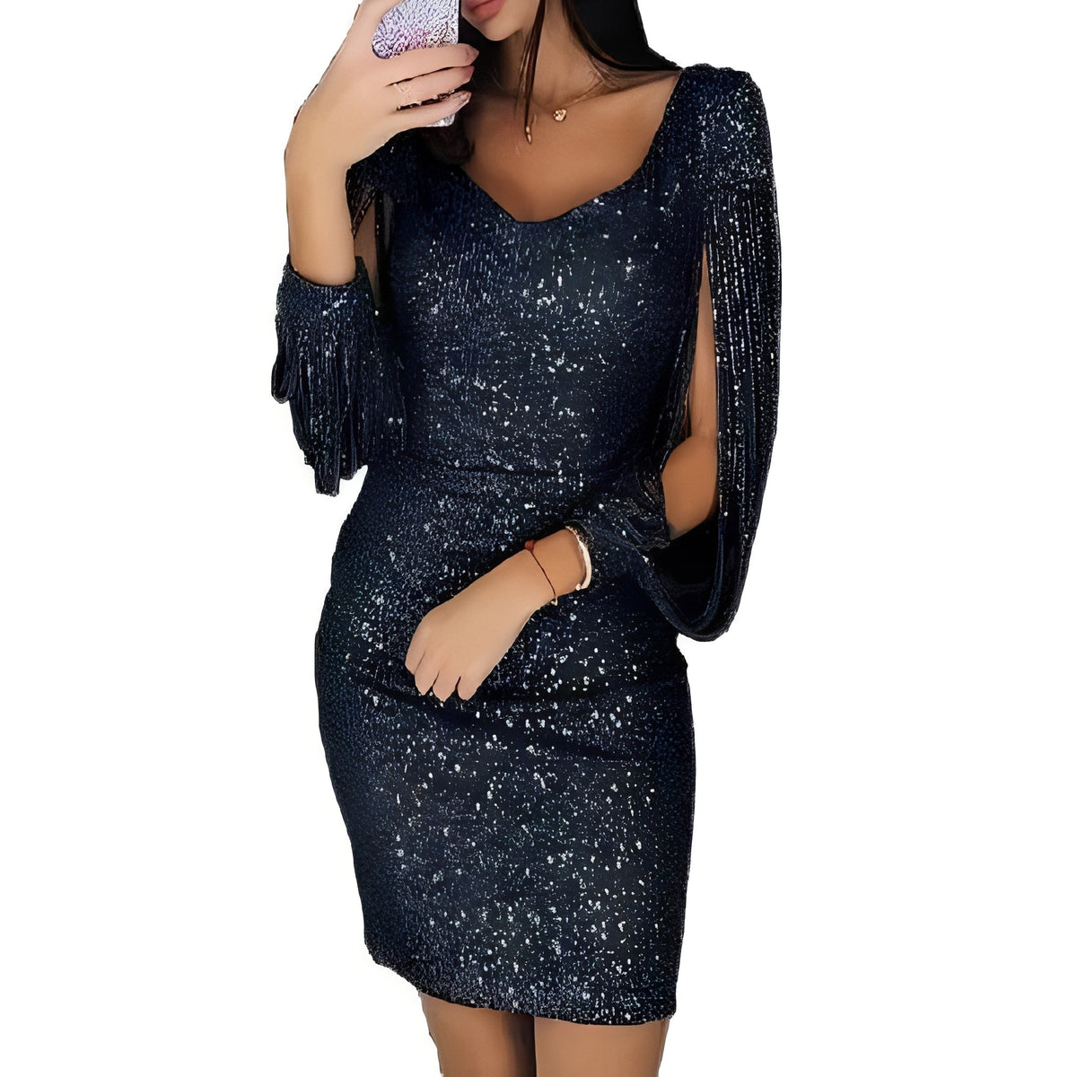 Marianna - Elegantes, glänzendes Abendkleid mit langen Ärmeln für Damen