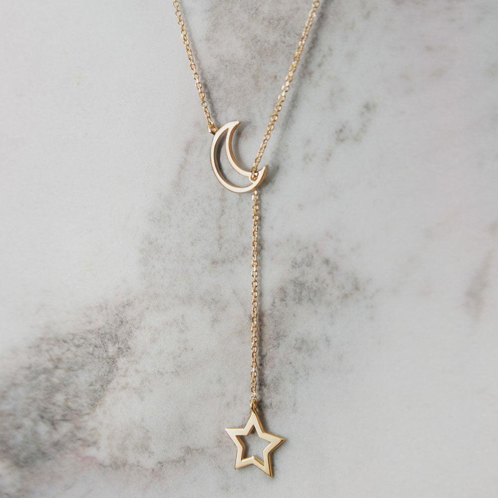 Lariat-Halskette mit Mond und Sternen